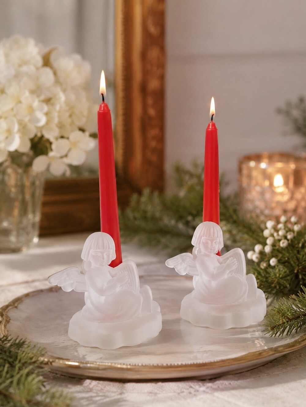Vintage Avon Exclusive Goebel Hummel Frosted Crystal Angels Candle Holders Set
